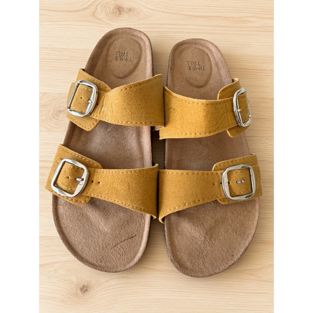 Time and Tru Womens Mustard Yellow Suede Two Strap Buckle Slide Sandals Size 9